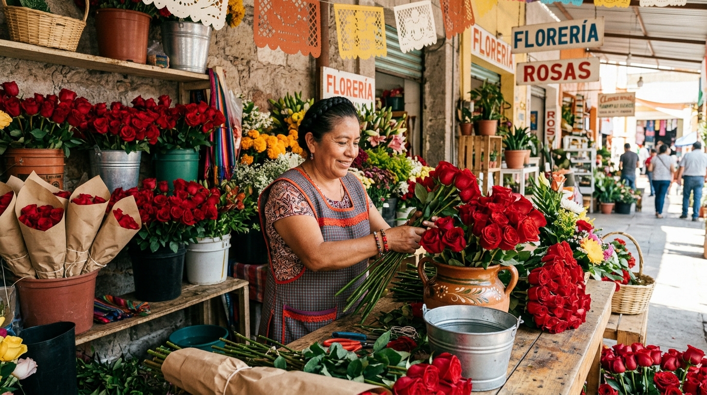 Doña Carmen acomodando docenas de rosas rojas en una florería tradicional mexicana