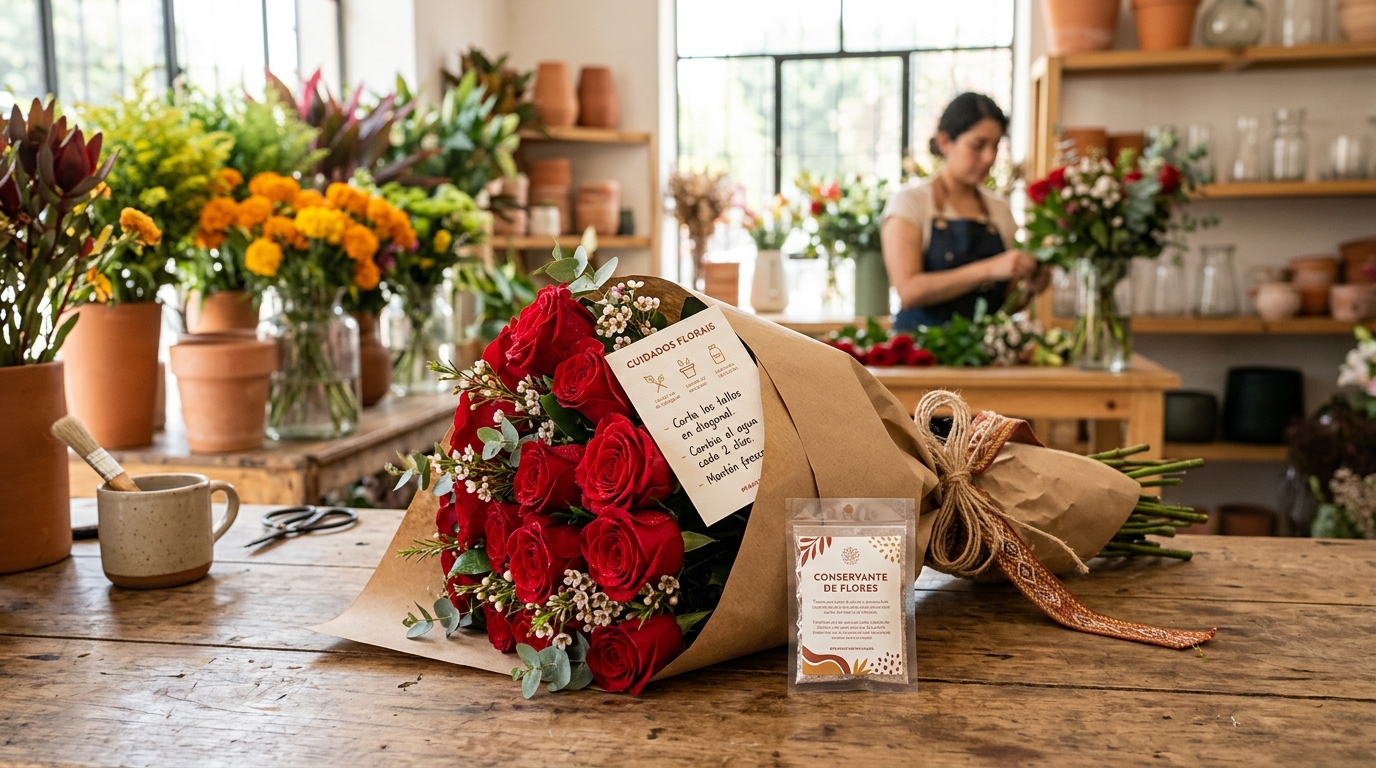 Ramo de rosas rojas con tarjeta de cuidados florales y bolsita de conservante