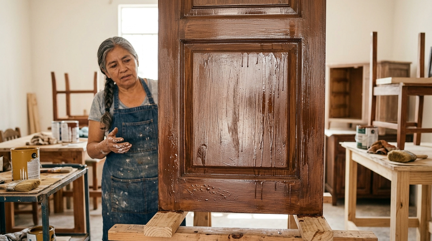 Puerta lacada con marcas de brocha, burbujas y descuelgues