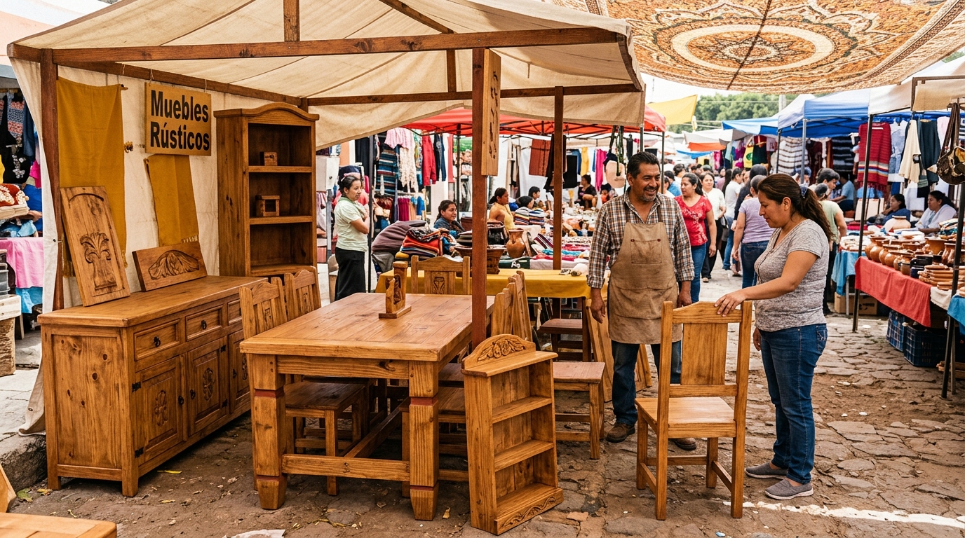Muebles rústicos de pino con acabado de aceite en tianguis