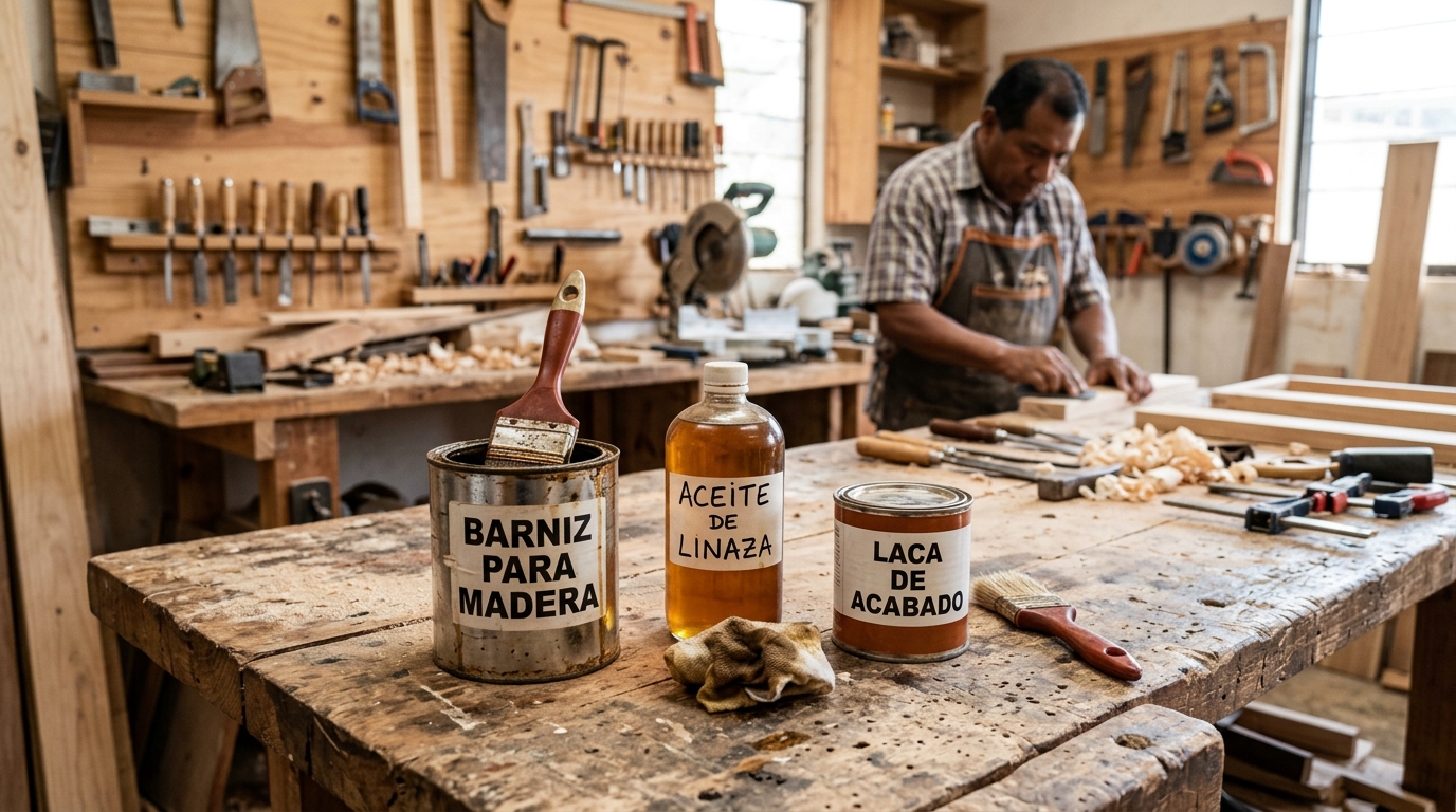 Botes de barniz, aceite y laca sobre banco de carpintero