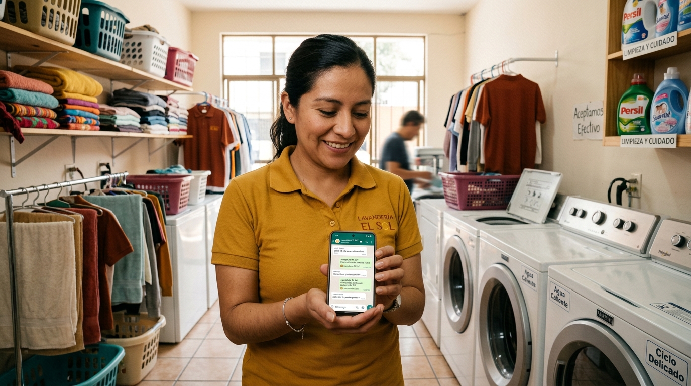 Pantalla de celular mostrando un chat de WhatsApp con citas confirmadas de una lavandería mexicana