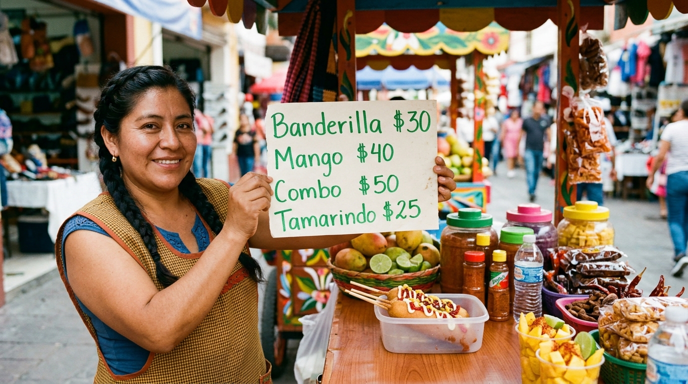 Cartel de mano con precios escritos en plumón verde sobre papel blanco: Banderilla $30, Mango $40, Combo $50, Tamarindo $25