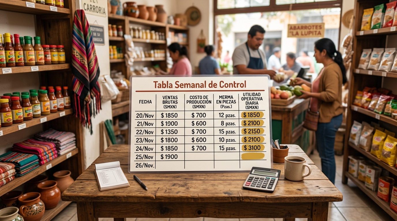 Tabla con columnas de fecha, venta bruta, costo de producción, merma en piezas y utilidad operativa diaria