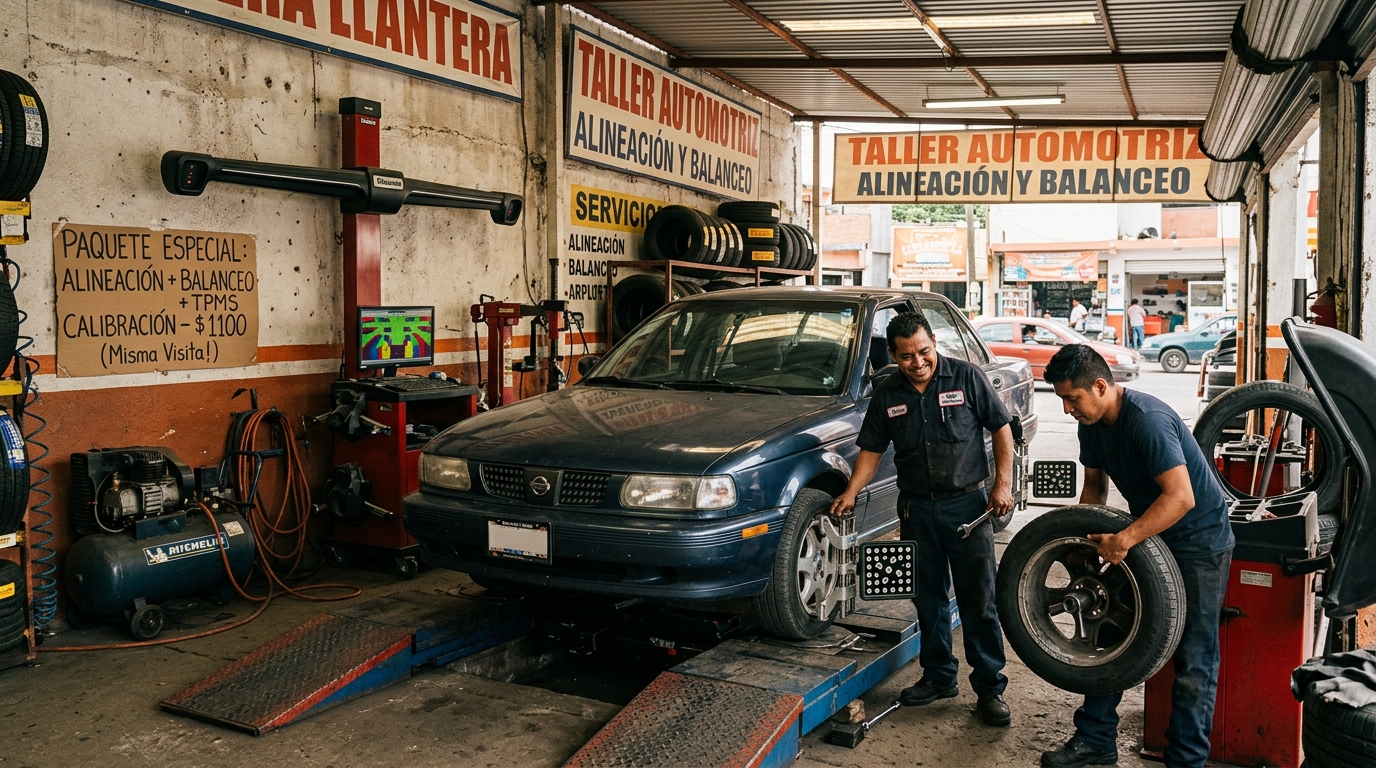 Llantera ofreciendo paquete de alineación, balanceo y calibración TPMS en la misma visita