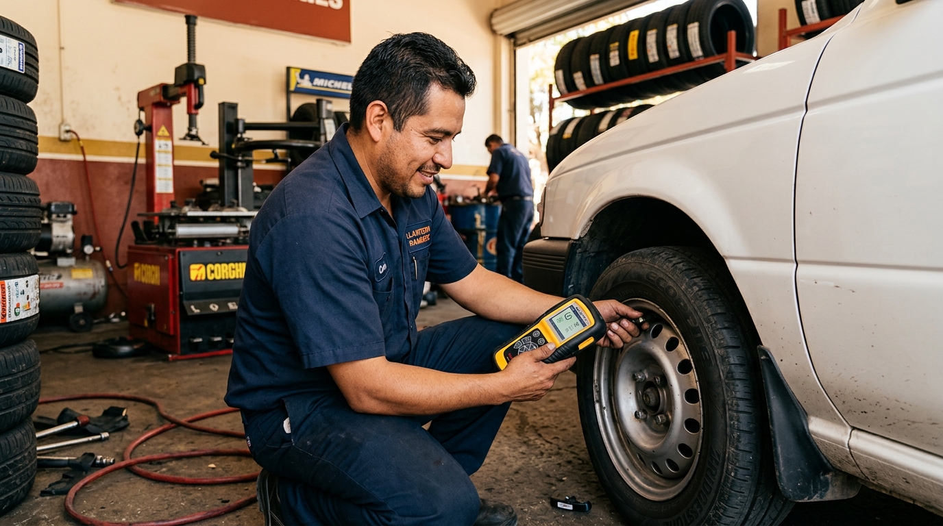 Técnico de llantera activando sensor TPMS con escáner profesional junto a la válvula de la llanta