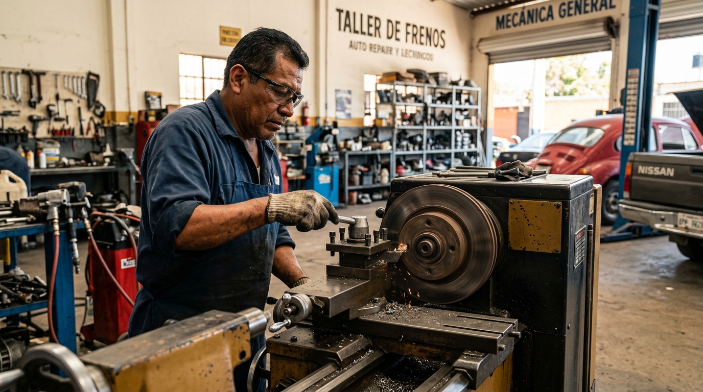 Mecánico operando torno rectificador de discos con disco de freno montado en la máquina
