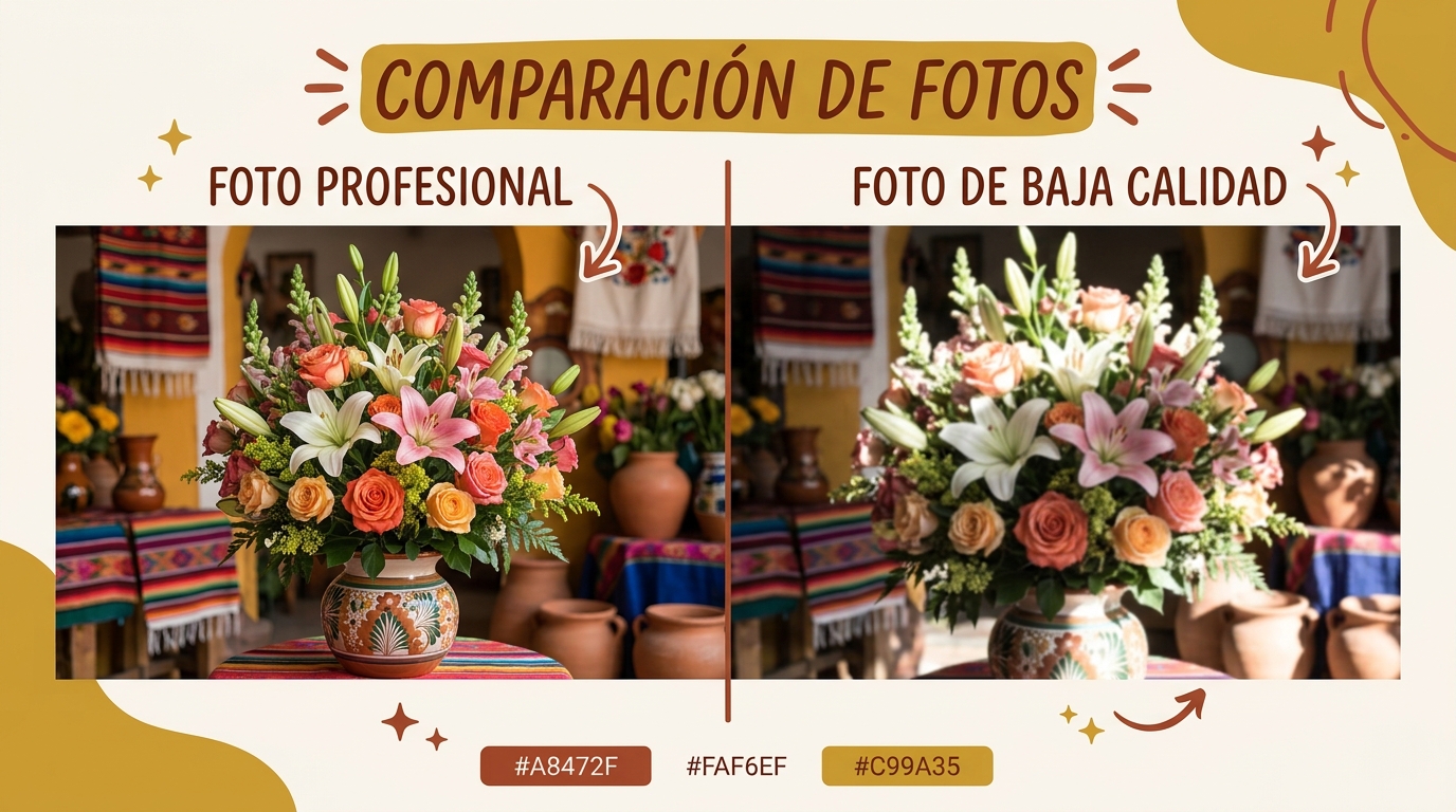 Comparación entre foto profesional y foto de baja calidad de arreglo floral