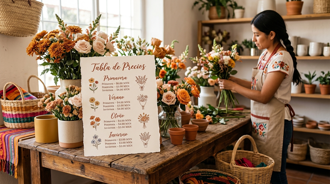 Tabla de precios de arreglos florales en pesos mexicanos por temporada
