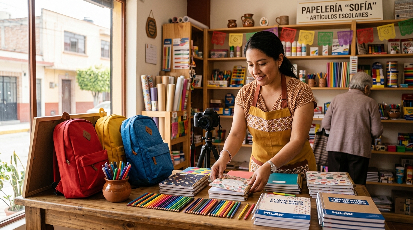 Papelería acomodando cuadernos, lápices y mochilas sobre una mesa con luz natural para tomar foto del catálogo