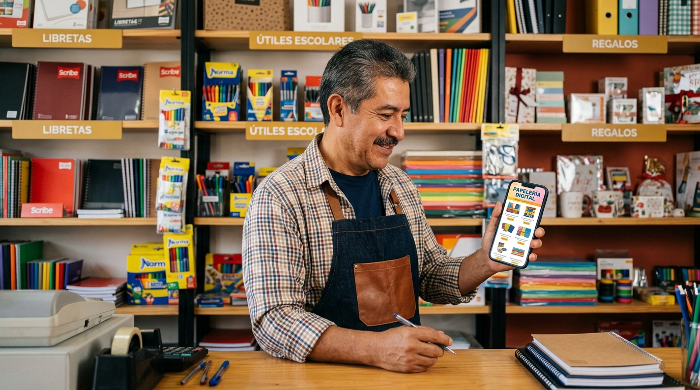 Papá consultando un catálogo digital de papelería en su celular dentro de una tienda con productos en estantes