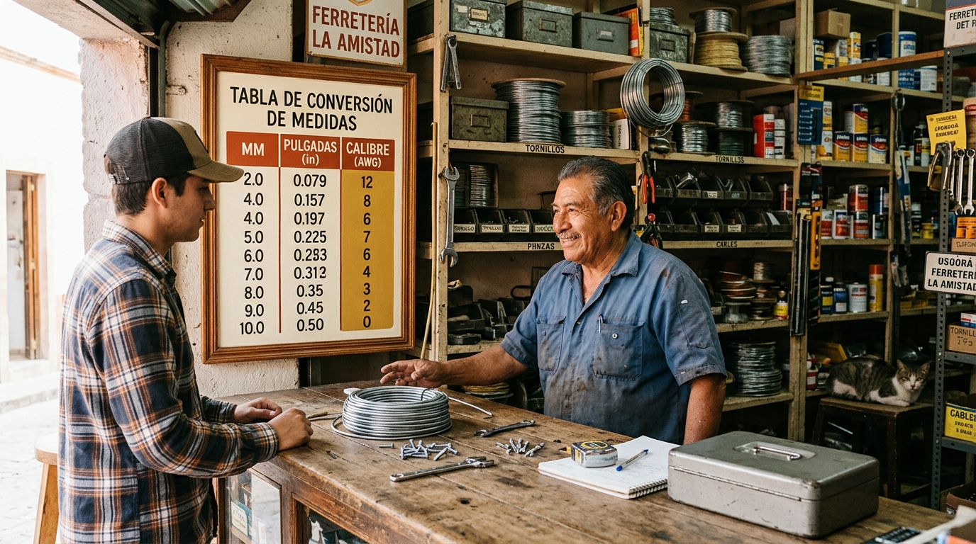 Tabla de conversión de medidas mm, pulgadas y calibre AWG para mostrador de ferretería