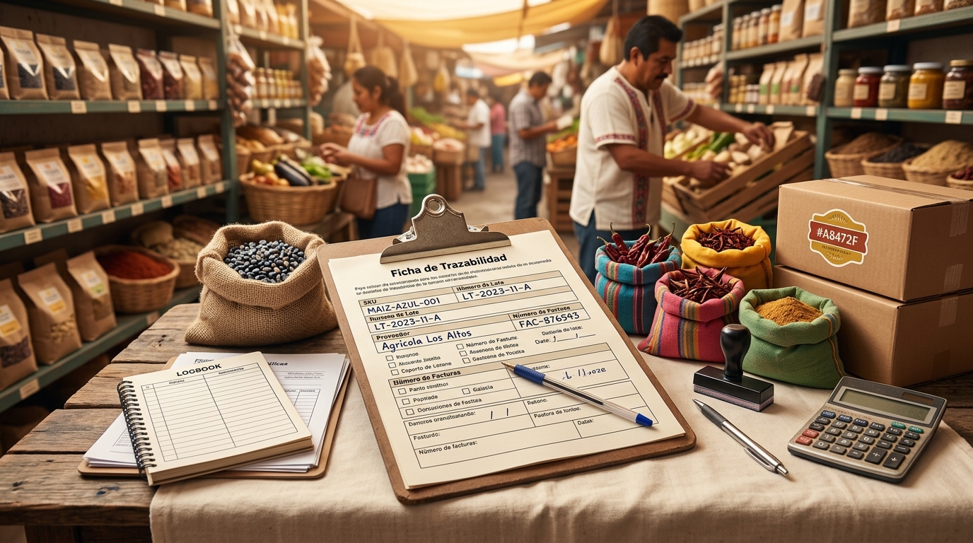 Ejemplo de ficha de trazabilidad con SKU, lote, proveedor y factura