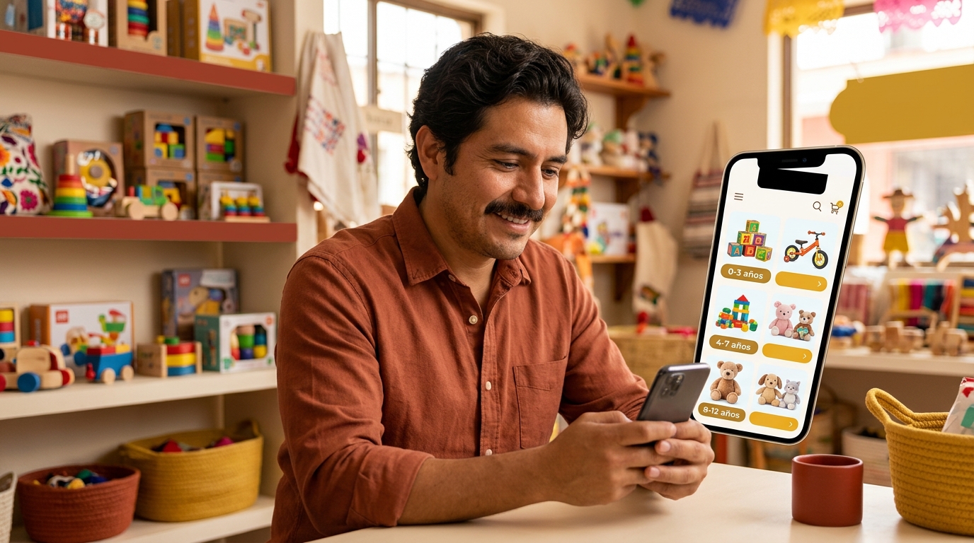 Papá navegando catálogo online de juguetes clasificados por edad en celular