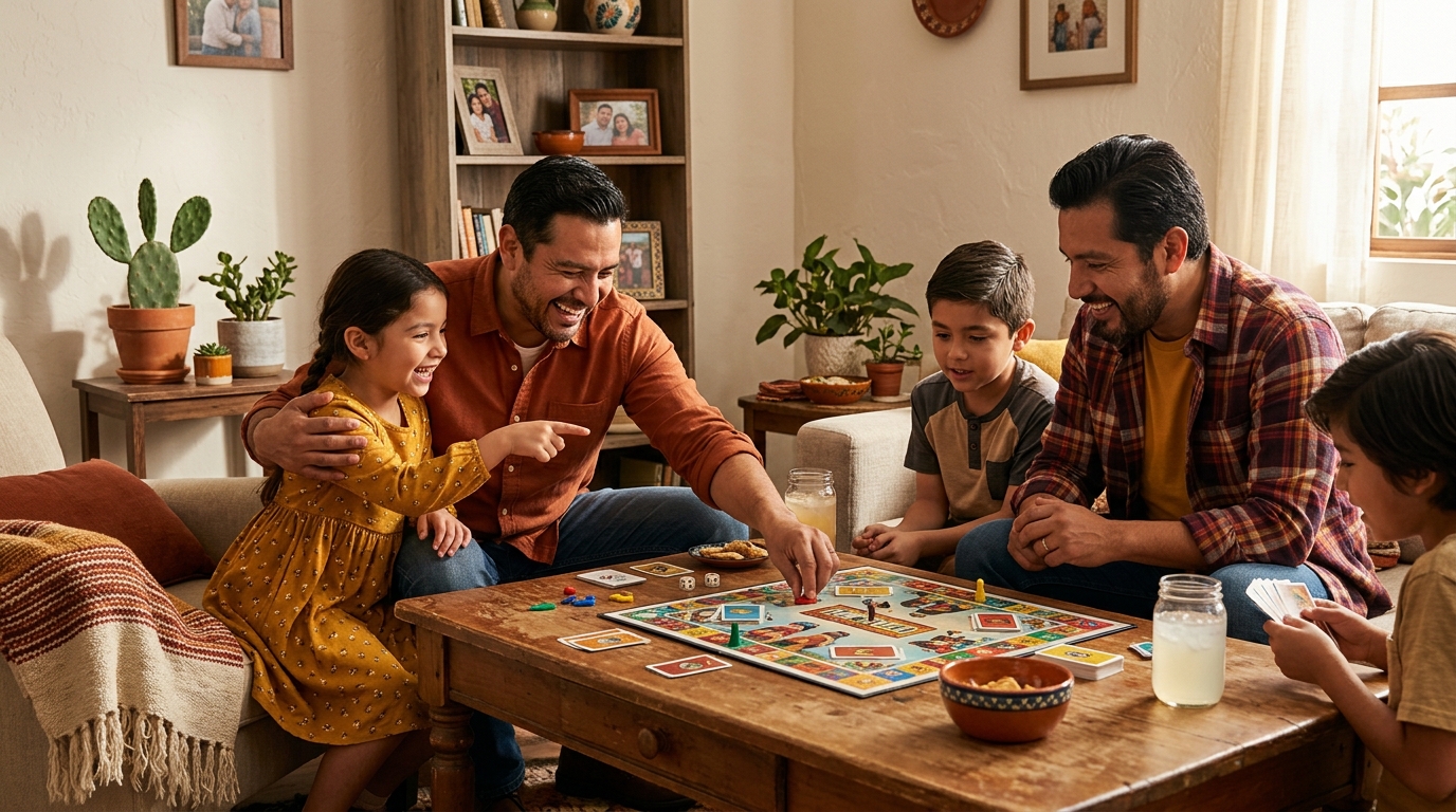 Papás e hijos jugando juegos de mesa en una sala de casa