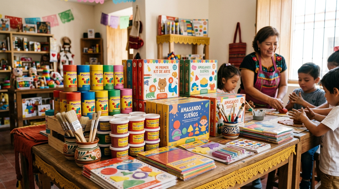 Mesa de juguetería con plastilina, pinturas y kits de manualidades para niños de 4 a 6 años