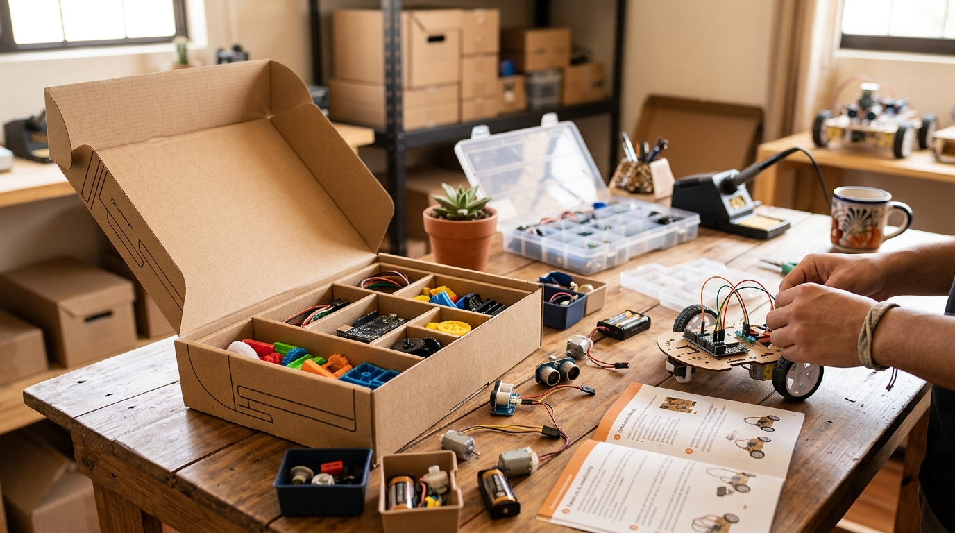Caja abierta de kit de robótica educativa con piezas ensambladas sobre mesa