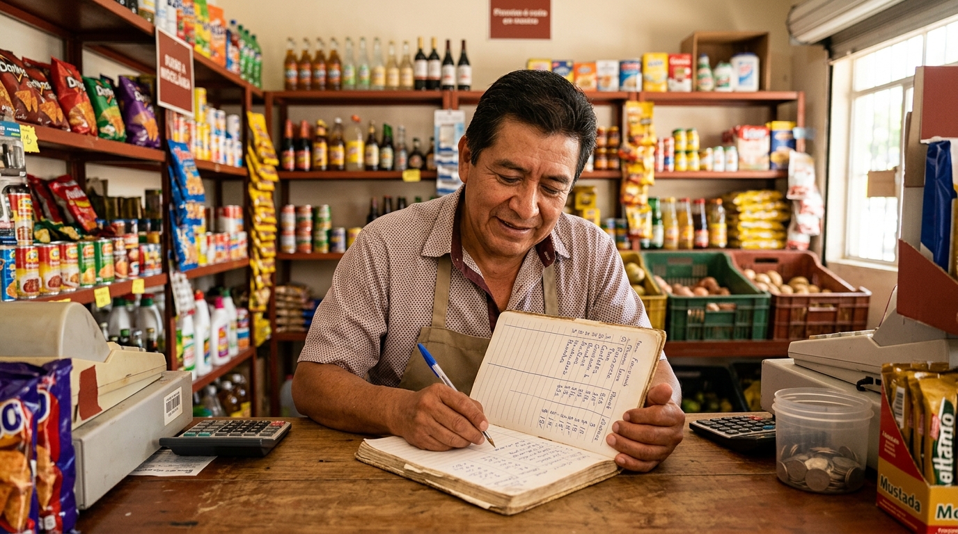 Dueño de miscelánea revisando lista de productos y precios en libreta