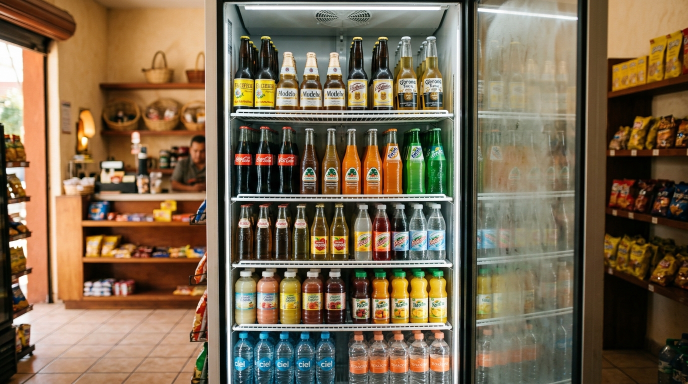 Refrigerador de miscelánea con refrescos, aguas y cervezas ordenados por marca