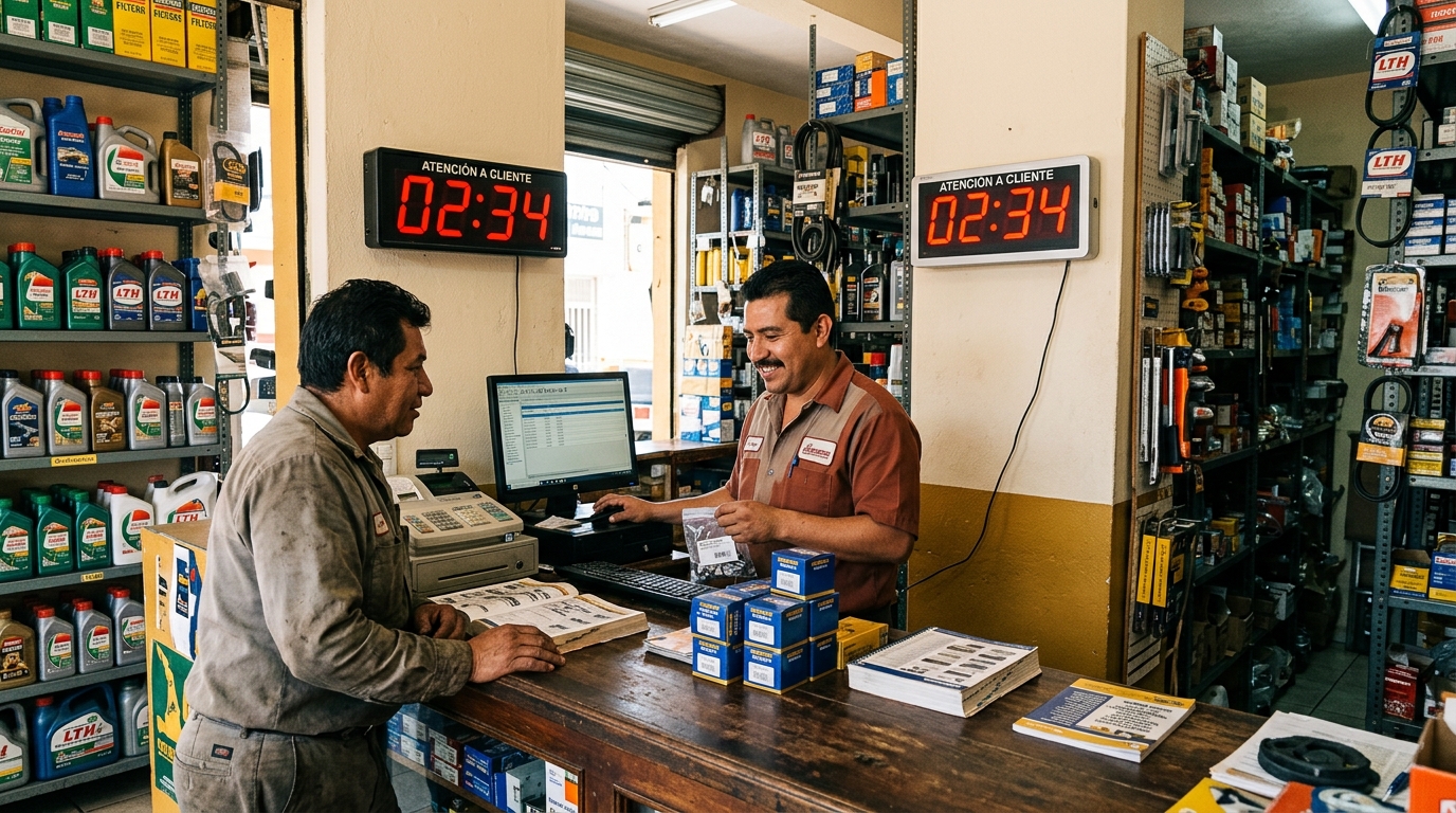 Refaccionaria con mostrador y cronómetro de atención a cliente