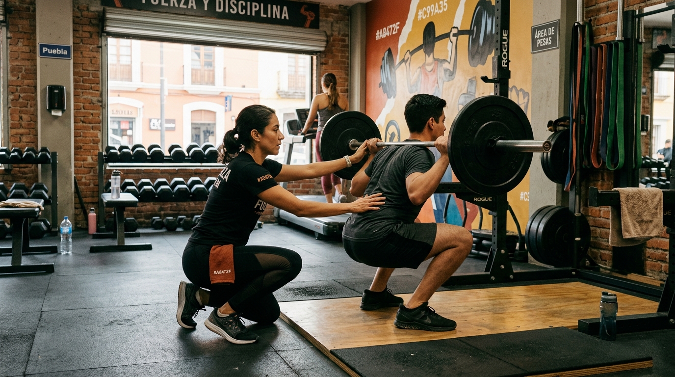 Coach personal ajustando la postura de un socio en sentadilla con barra