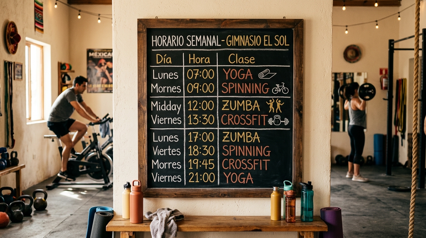 Tablero de horarios de un gimnasio mostrando spinning, CrossFit, yoga y zumba en bloques mañana, mediodía y noche