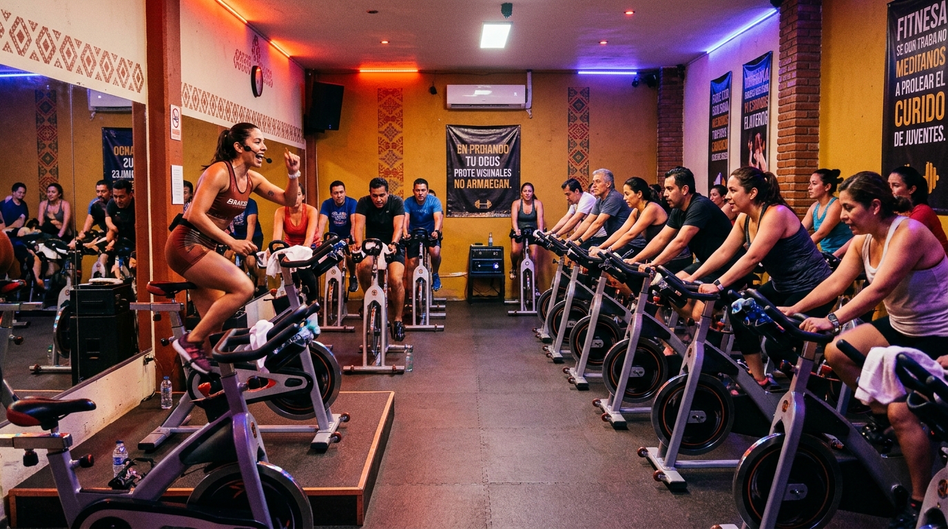 Sala de spinning con 18 personas pedaleando en bicicletas bajo luces LED y un instructor al frente
