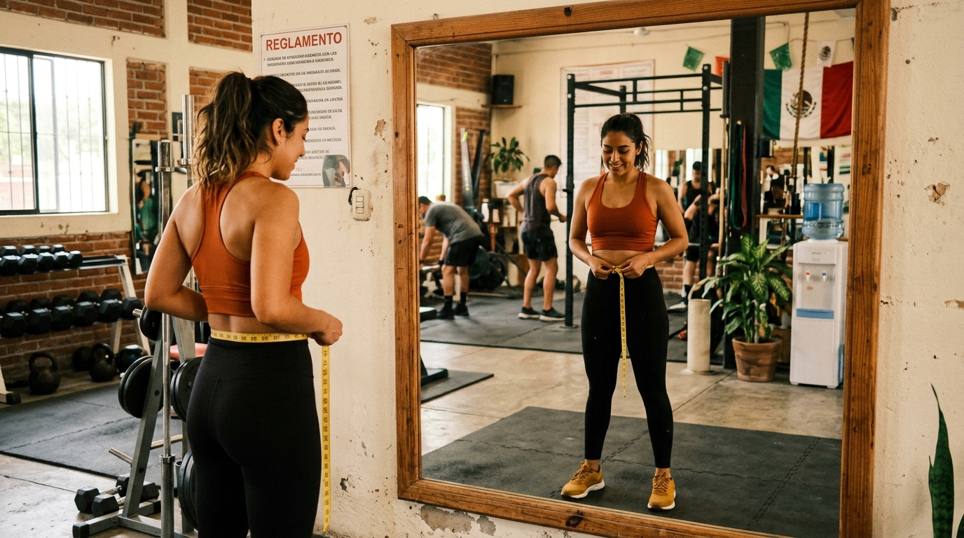 Socia tomándose medidas con cinta métrica frente a un espejo en el gimnasio