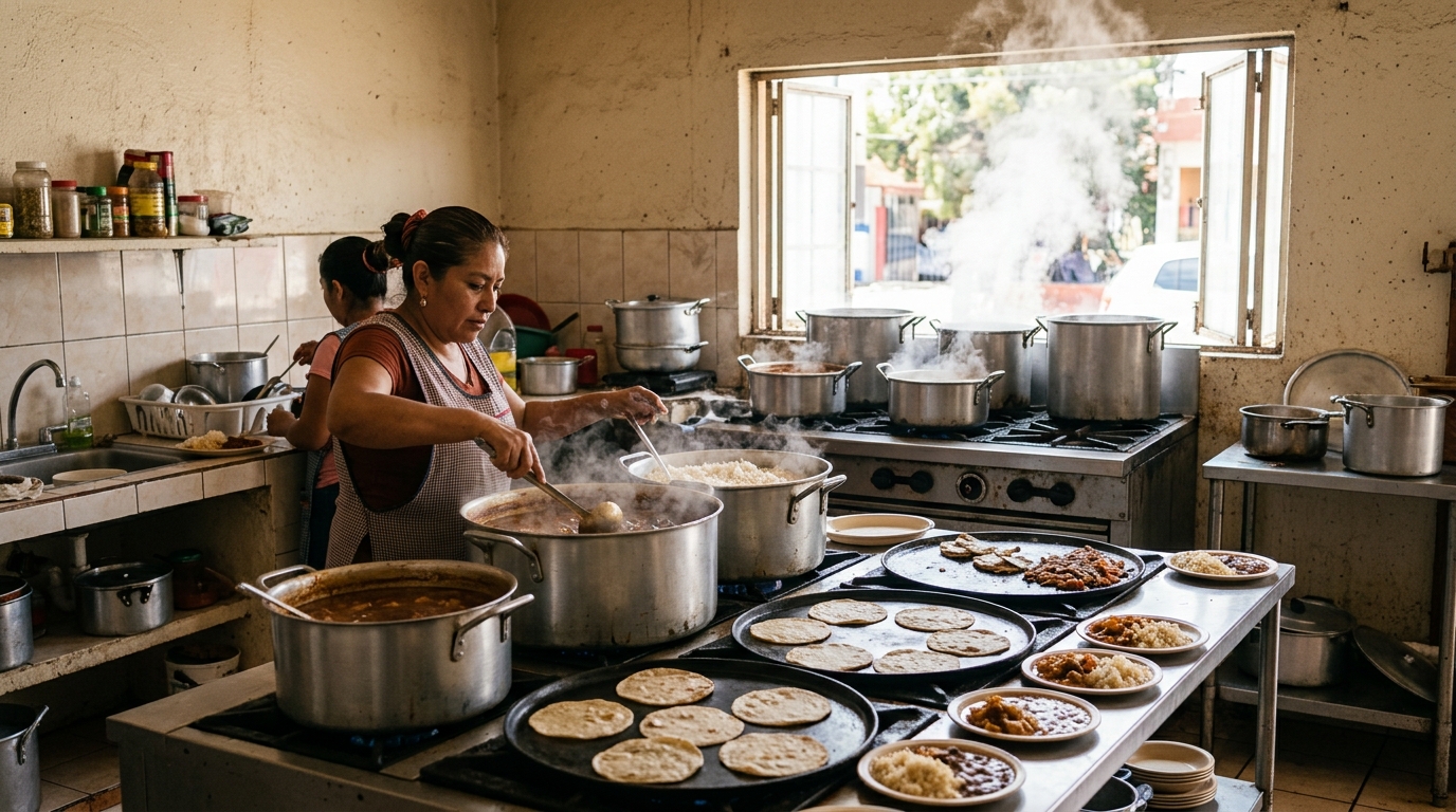 Cocina industrial con ollas grandes, vapor saliendo por la ventana y comales listos para servir la comida corrida del mediodía