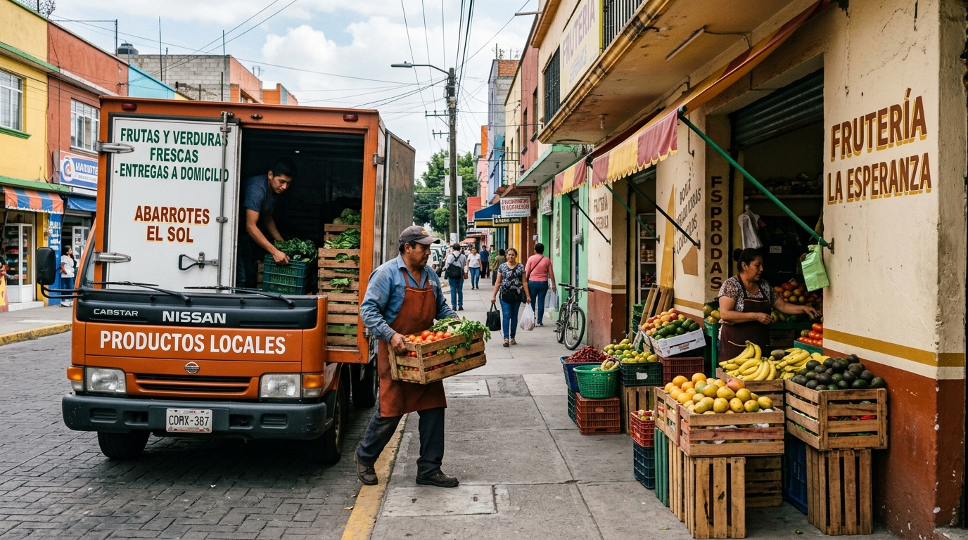 Camión de verduras descargando cajas en la acera de una verdulería de barrio