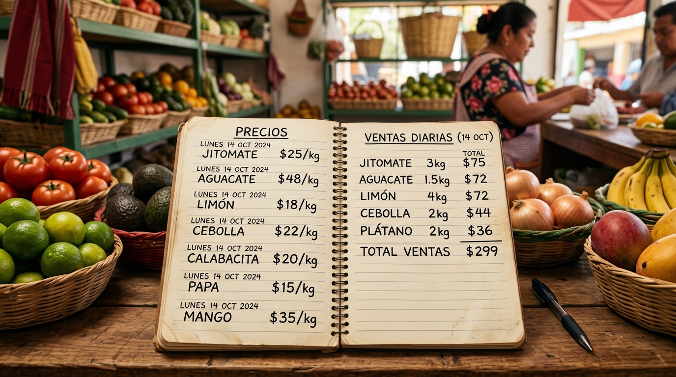 Libreta abierta con lista de precios y ventas diarias de una verdulería