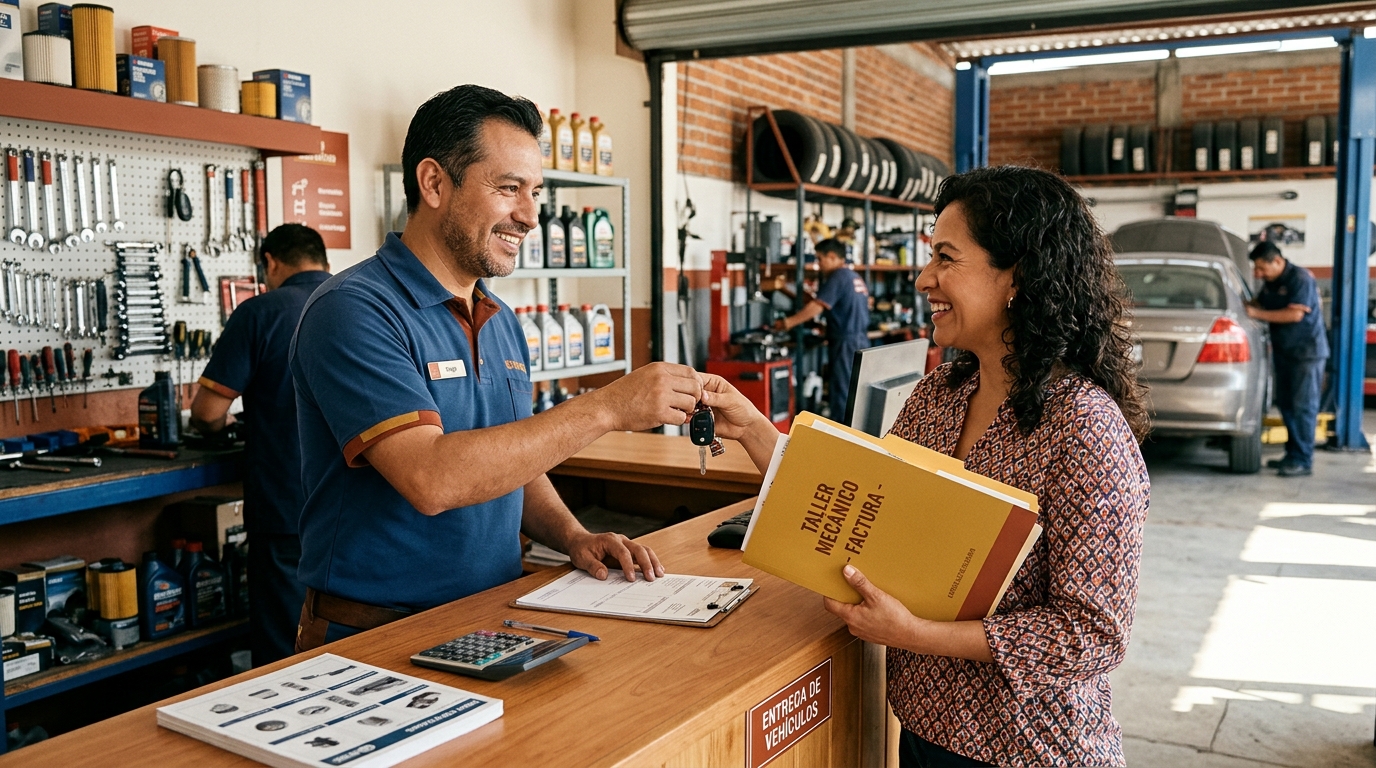 Asesor de taller entregando llaves y folder con factura a cliente