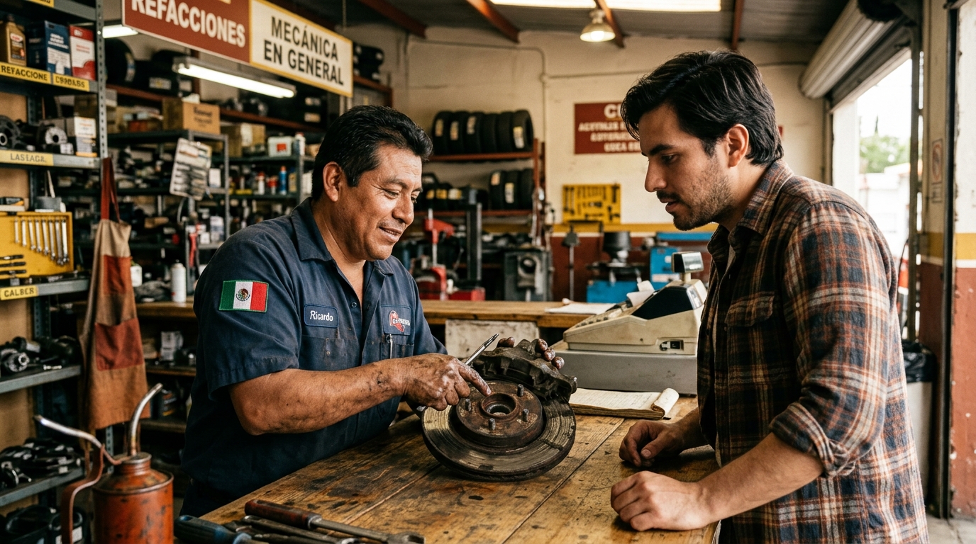 Manos de mecánico mostrando pieza desgastada a cliente en mostrador de taller