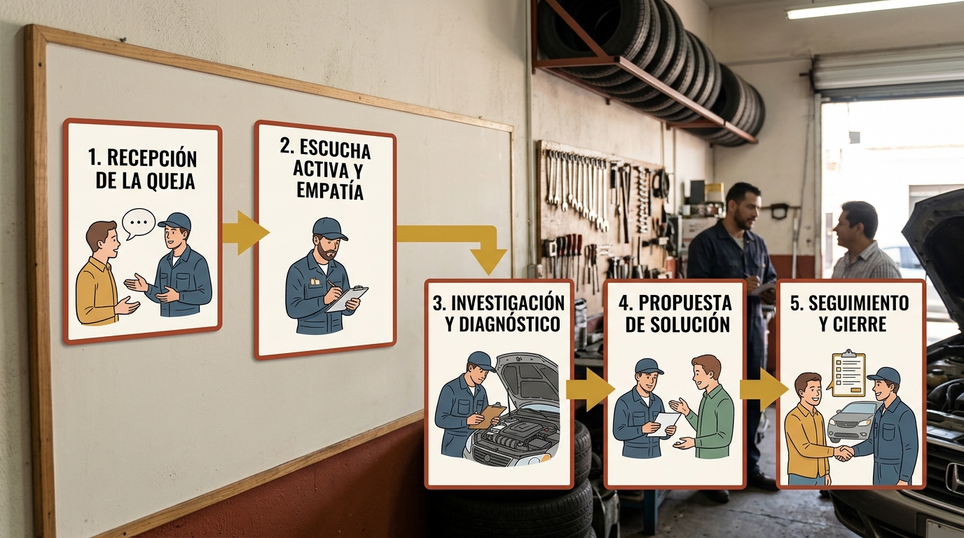 Diagrama de pasos para manejo de quejas en taller mecánico