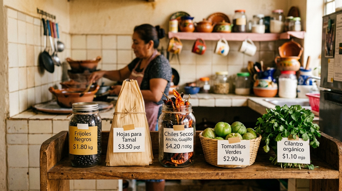 Cinco ingredientes con precio unitario escrito en etiqueta adherida a la estantería de cocina