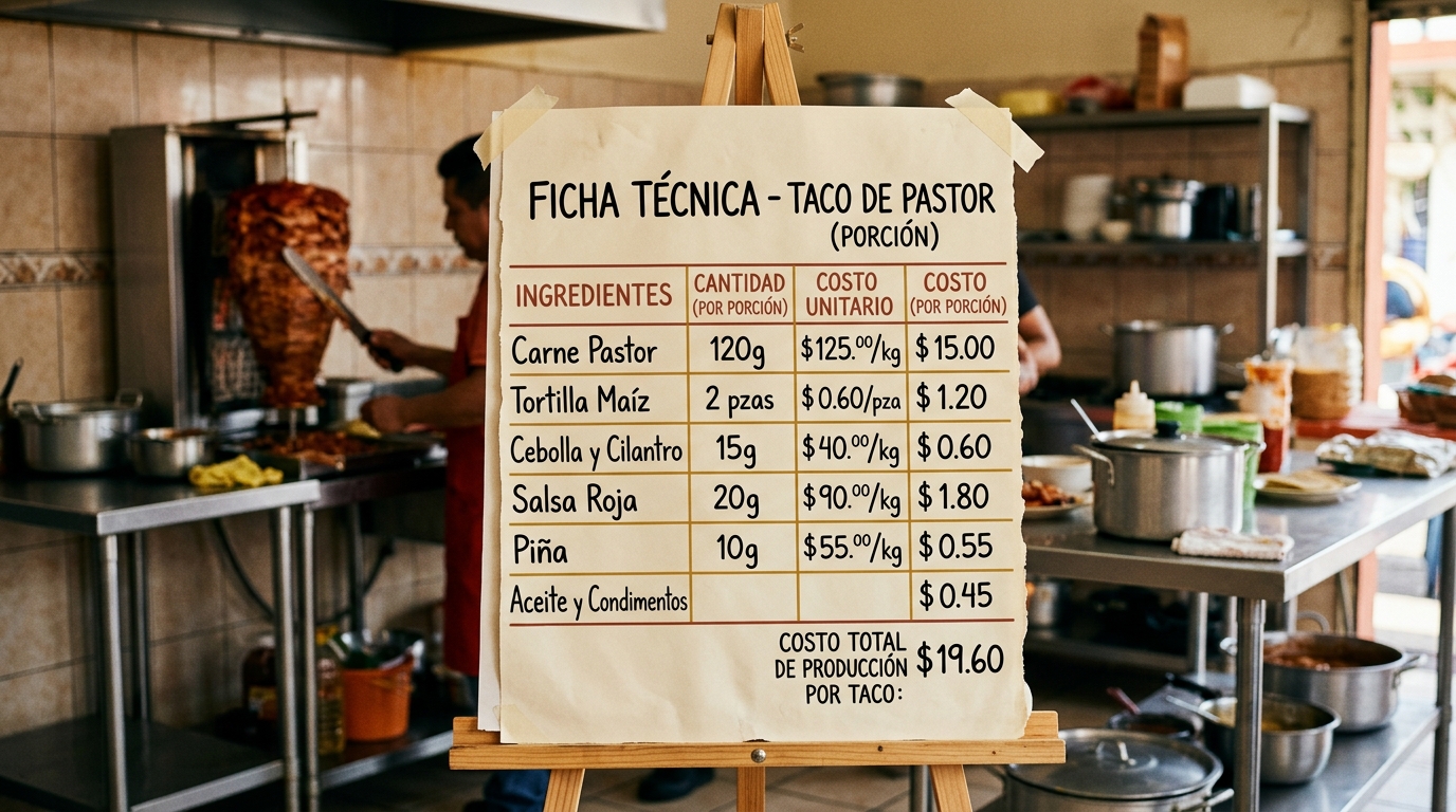 Ficha técnica impresa en papel rotafolio con cantidades y costos por porción