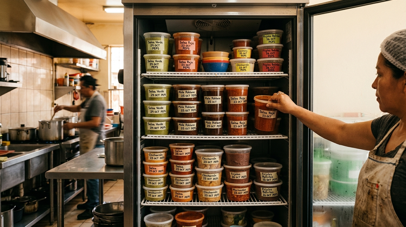 Refrigerador de fonda con productos etiquetados con fecha y colocados en sistema PEPS
