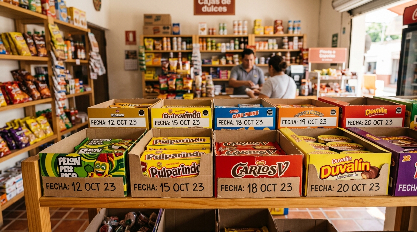 Cajas de dulces acomodadas con método PEPS, las más viejas al frente marcadas con plumón de fecha