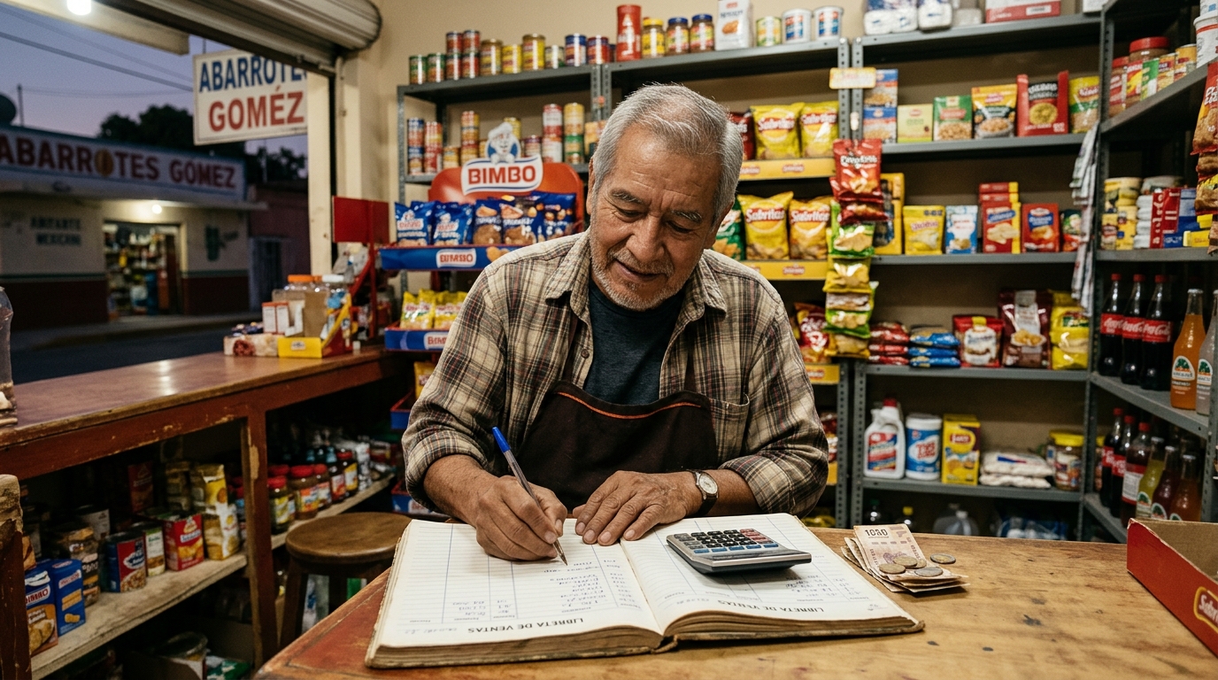 Tendero anotando entradas y salidas del día en una libreta al cierre de su miscelánea