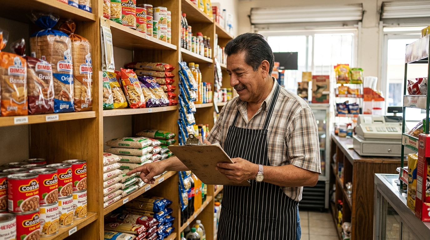 Dueño de miscelánea contando productos en los anaqueles durante el conteo semanal