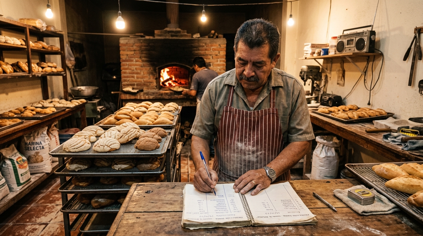Panadero anotando producción en libreta antes del amanecer en panadería de barrio