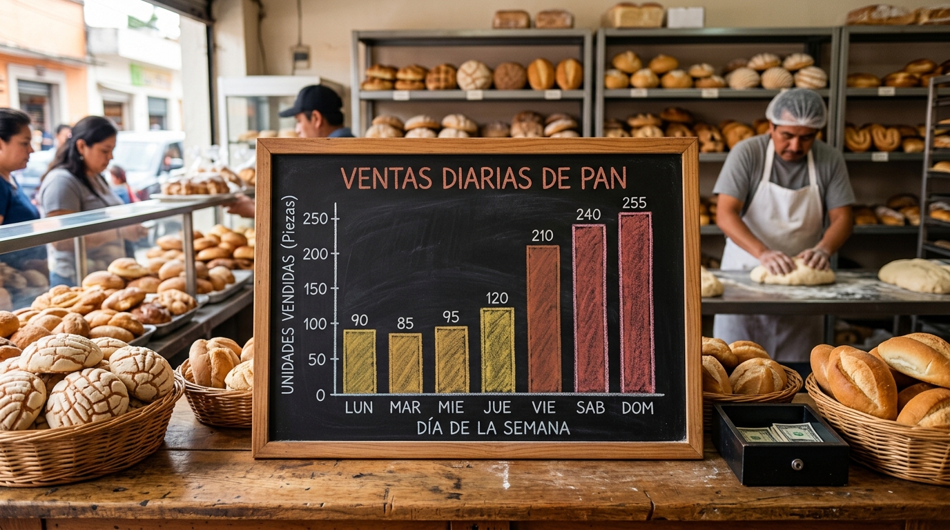 Gráfica de barras con ventas diarias de pan por día de la semana