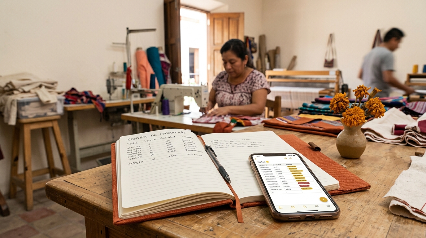 Libreta de pasta dura y celular con app de notas para control de producción