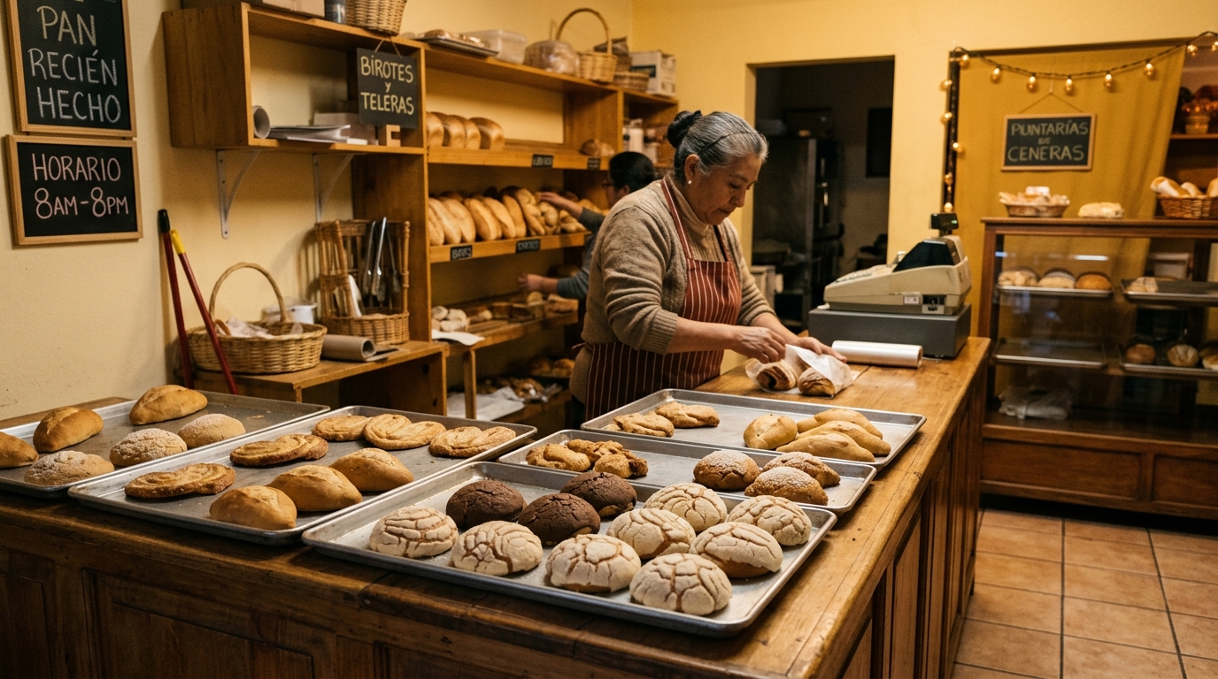 Charolas con pan sobrante del día en mostrador de panadería al cerrar
