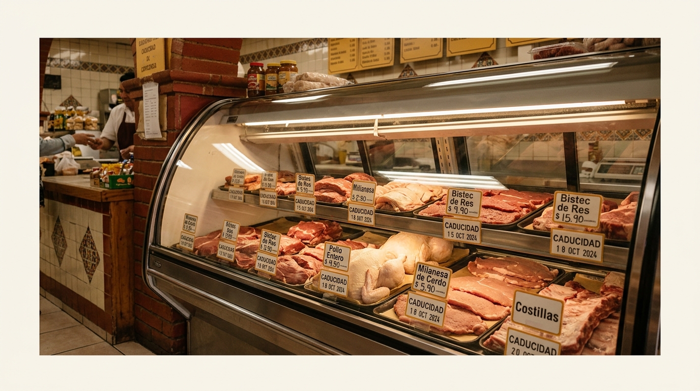 Cortes de res, pollo y cerdo etiquetados con fecha de caducidad en vitrina refrigerada