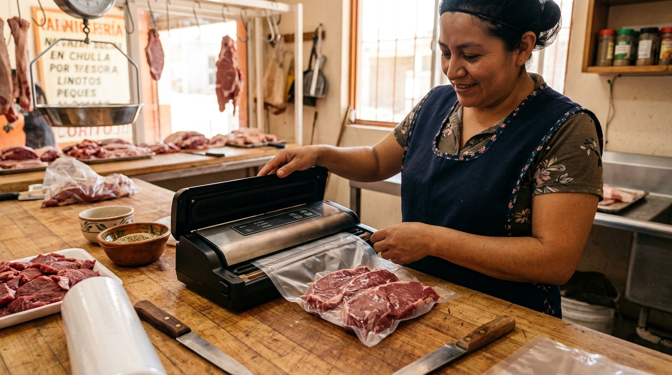 Selladora al vacío empaquetando bisteces de res en bolsa transparente sobre mesa de carnicería