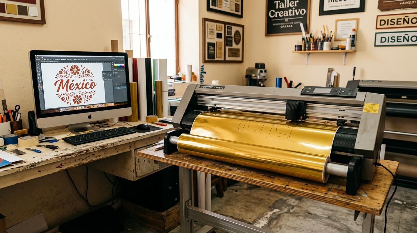 Plotter de corte profesional con rollo de vinilo cromado adhesivo cargado y pantalla de software vectorial