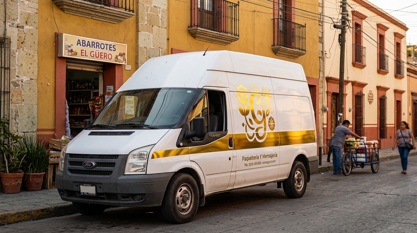 Camioneta de paquetería rotulada con vinilo cromado adhesivo dorado en logotipo y franja lateral