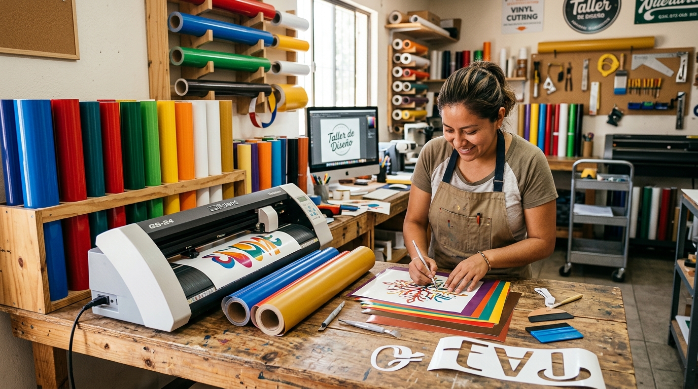 Taller de rotulación con plotter de corte profesional y rollos de vinil de colores sobre mesa de trabajo