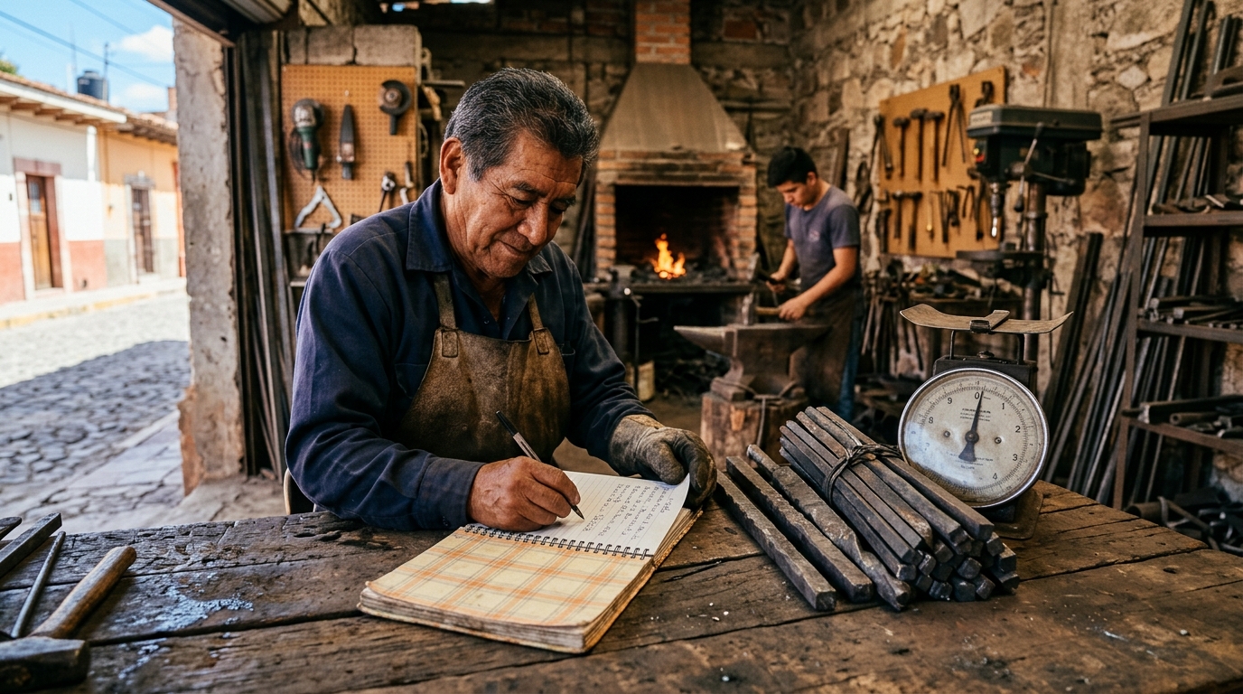 Taller de herrería anotando peso y precio por kilo en una libreta junto al material